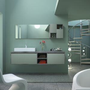 alt="Mobile bagno Capri_C2 sospeso con top effetto cemento e frontali verde salvia"