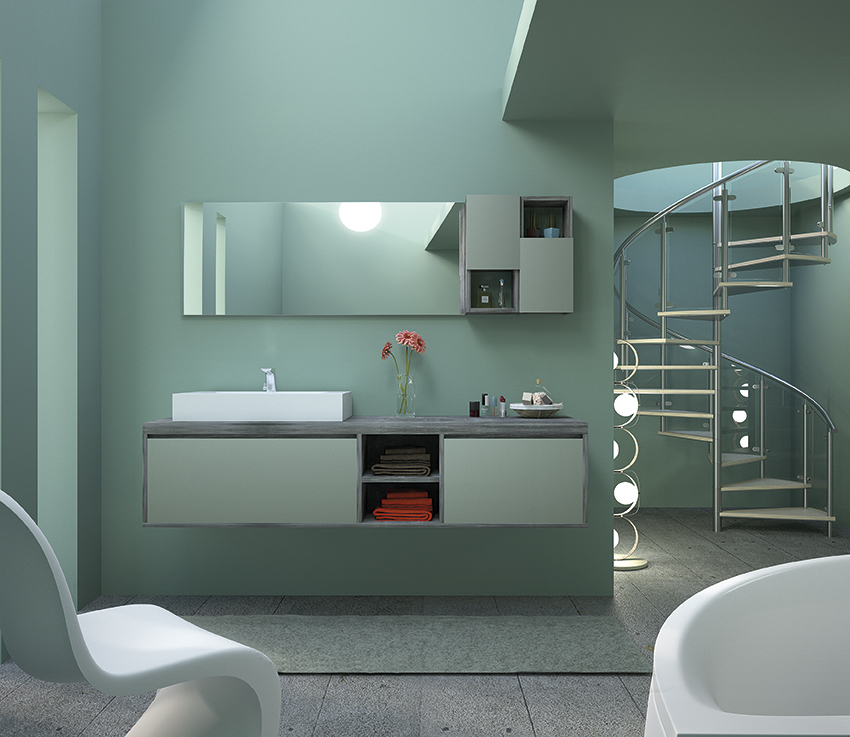 alt="Mobile bagno Capri_C2 sospeso con top effetto cemento e frontali verde salvia"