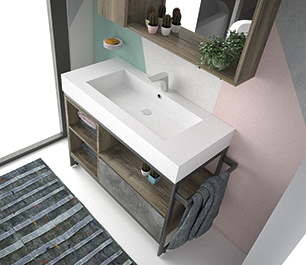alt="Dettaglio mobile bagno Eisen_E5 con vani a giorno e frontale cemento"