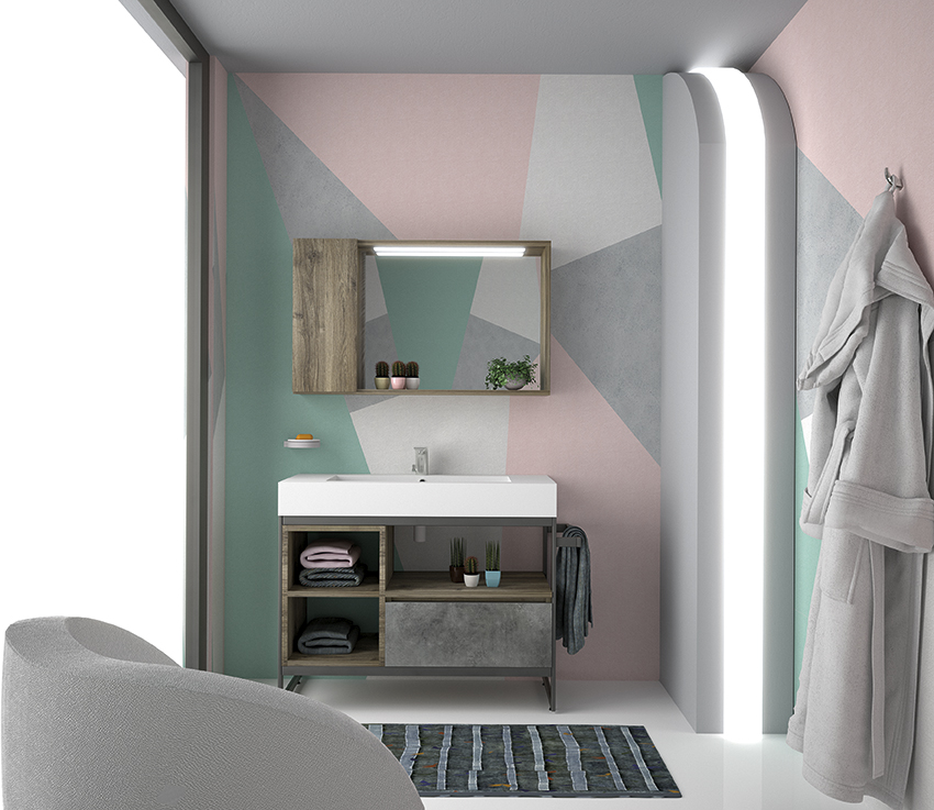 alt="Mobile bagno Eisen_E5 moderno con struttura metallica ed effetto cemento"