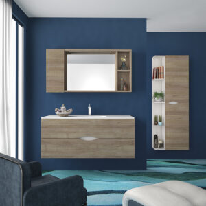 alt="Mobile bagno Baku_5 sospeso in legno chiaro con specchiera contenitore"
