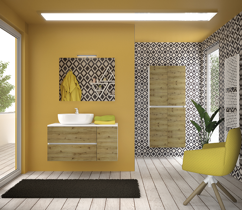 alt="Mobile bagno Nisida_N4 sospeso in rovere naturale con lavabo in appoggio"