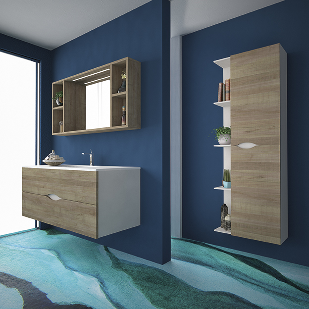 alt="Dettaglio mobile bagno Baku_5 con vani a giorno e lavabo integrato"