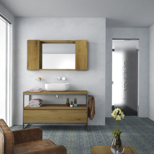 alt="Mobile bagno stile industrial con struttura in metallo e legno naturale Eisen E4"