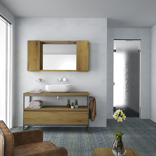 alt="Mobile bagno stile industrial con struttura in metallo e legno naturale Eisen E4"