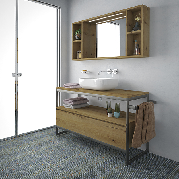 alt="Dettaglio mobile bagno Eisen_E4 con lavabo in appoggio e pensile coordinato"